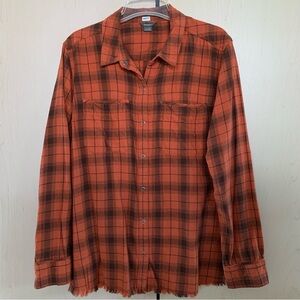 Eddie Bauer Women's Long Sleeve Fremont Flannel Frayed Hem Shirt Orange Brown XL